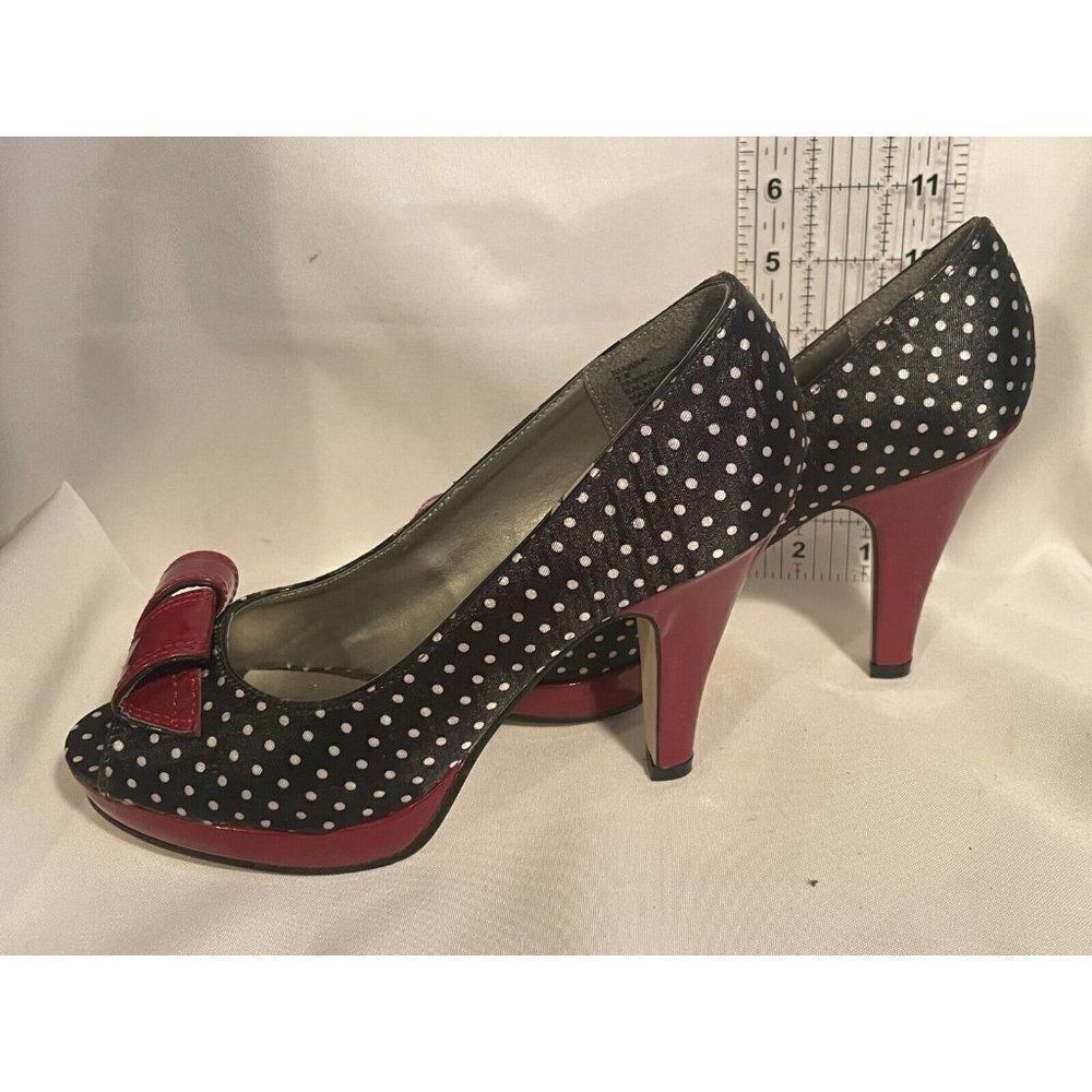Madden Girl Kiarra‎ Womens Shoes Size 7.5 Black Red Polka Bow Peeptoe Stiletto - Picture 2 of 14